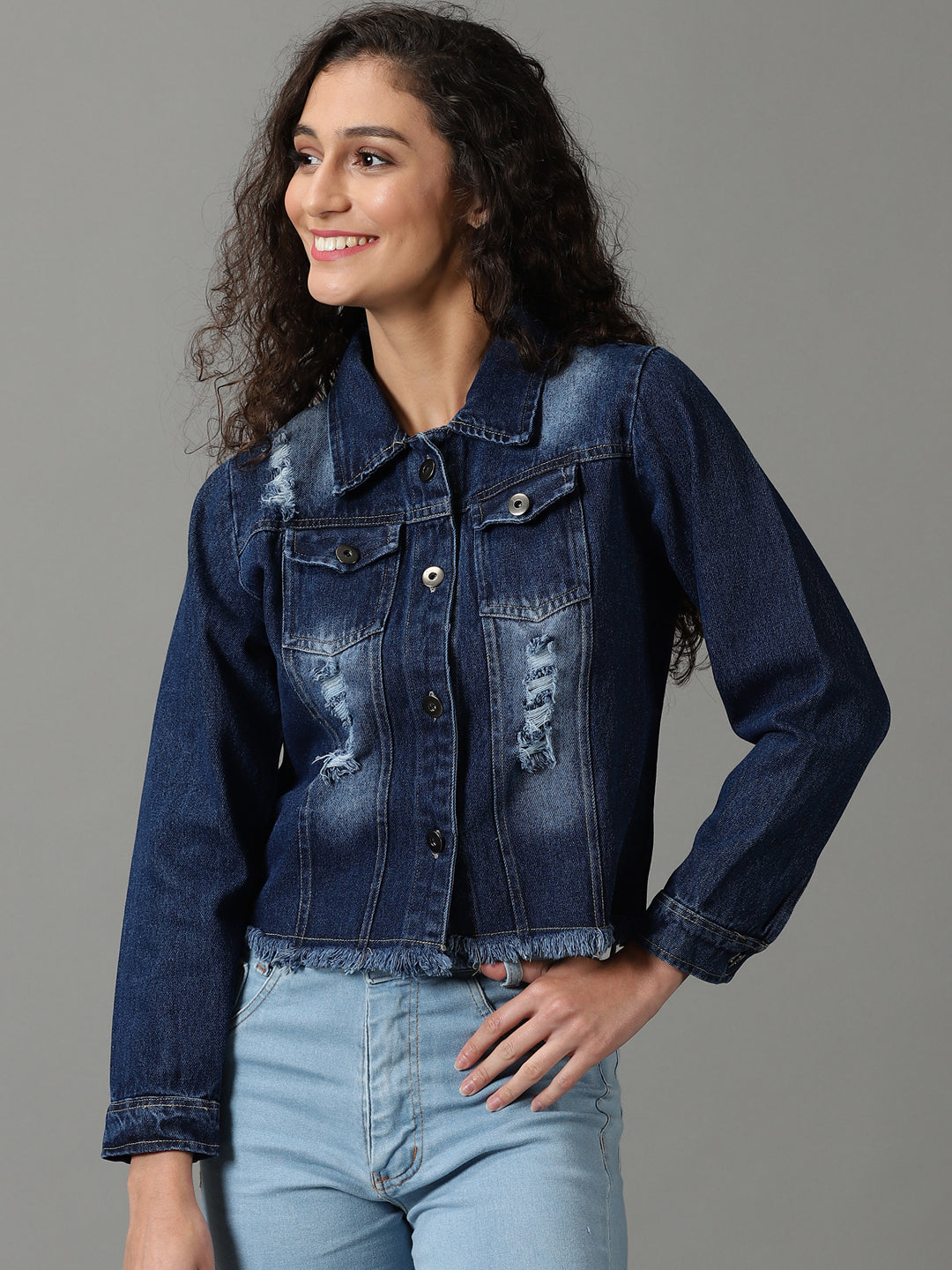 Women's Navy Blue Solid Denim Jacket