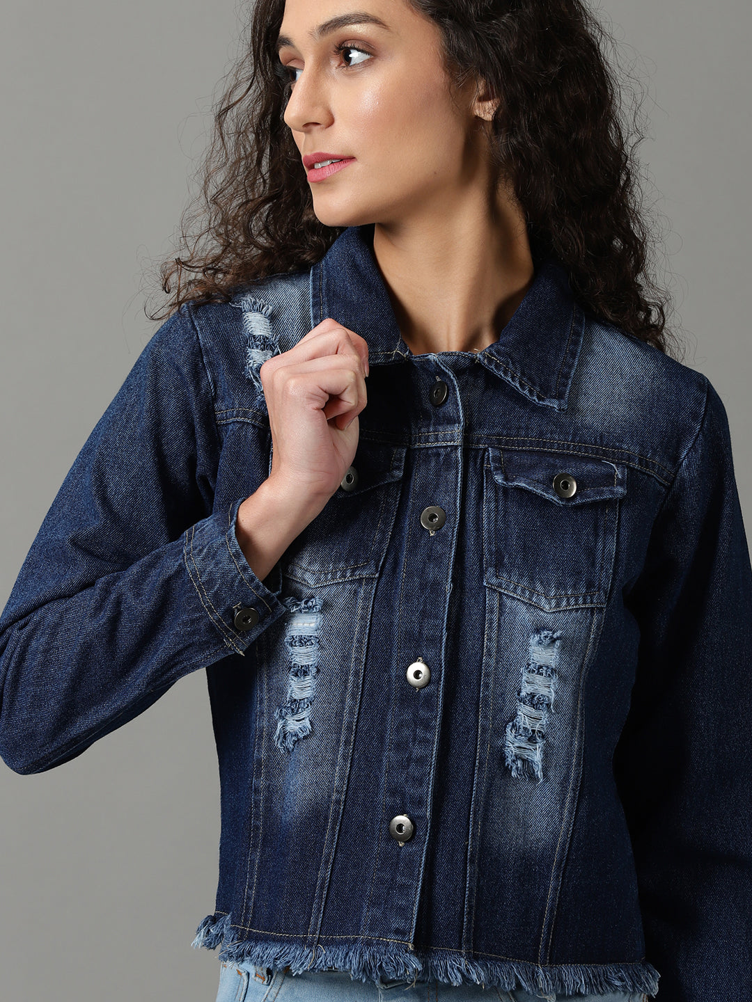 Women's Navy Blue Solid Denim Jacket