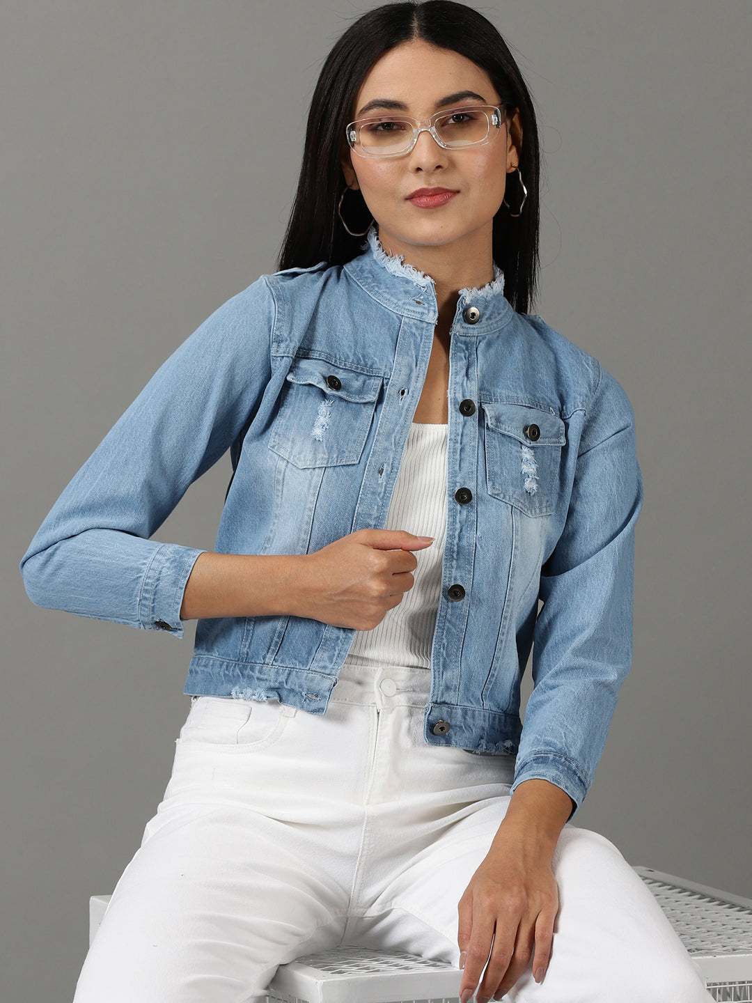 Women's Blue Solid Denim Jacket