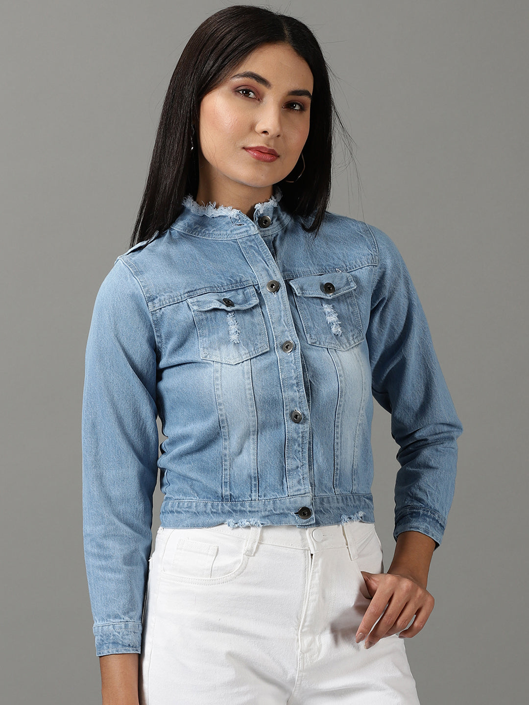 Women's Blue Solid Denim Jacket