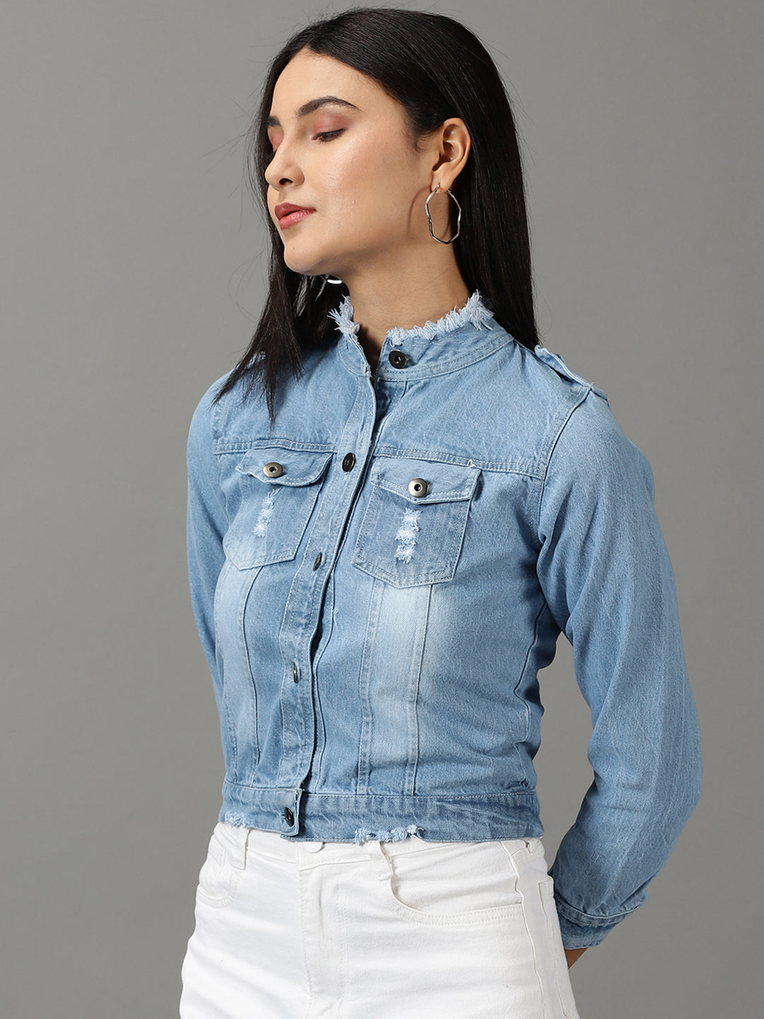 Women's Blue Solid Denim Jacket