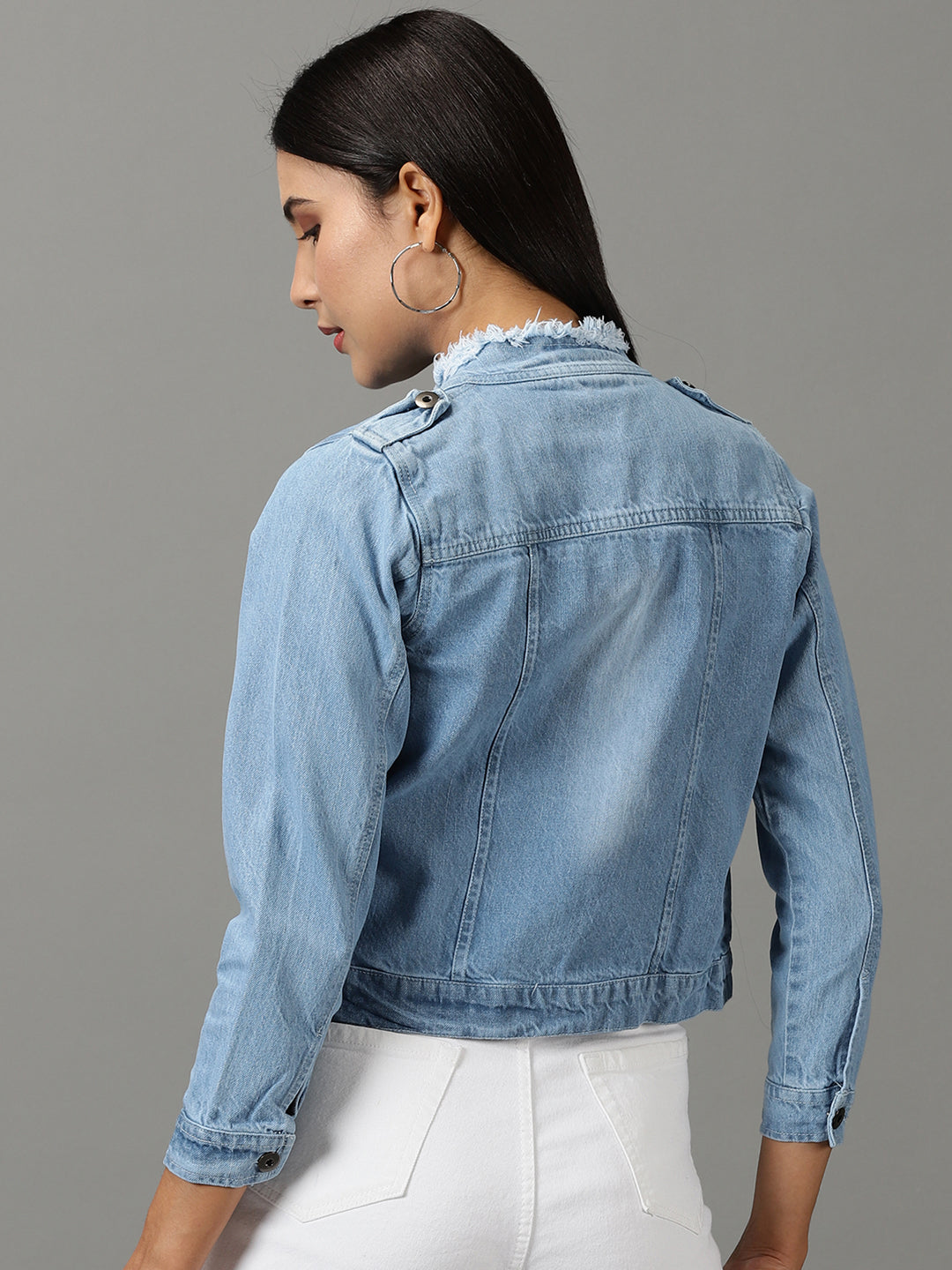 Women's Blue Solid Denim Jacket