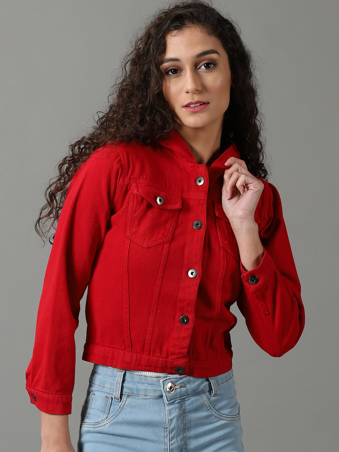 Women's Red Solid Denim Jacket