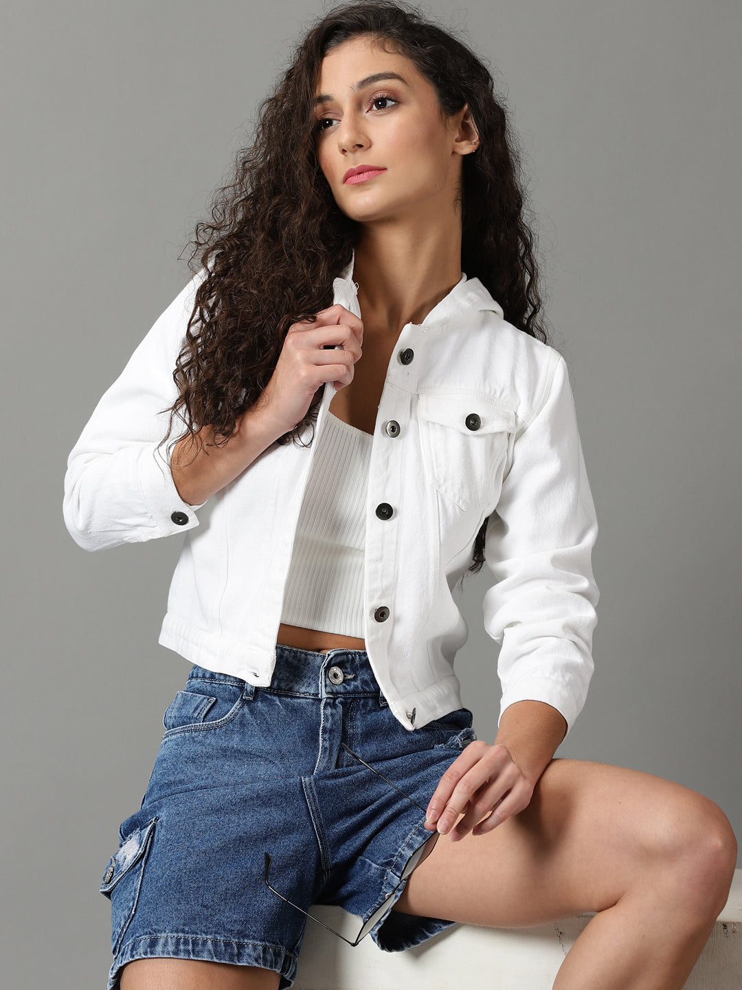 Women's White Solid Denim Jacket