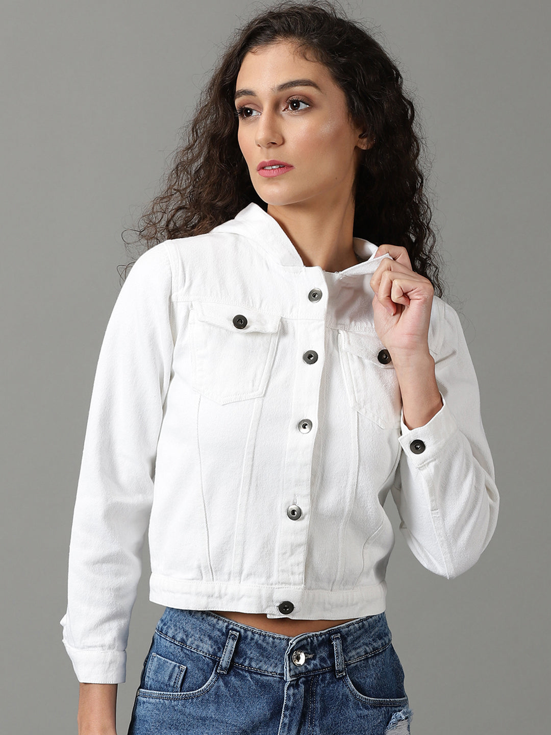 Women's White Solid Denim Jacket