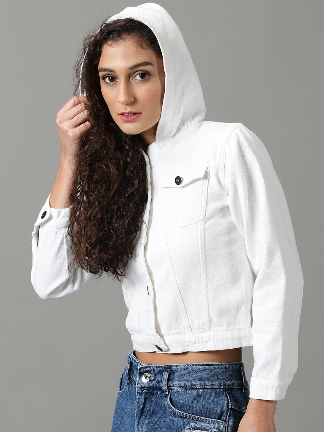 Women's White Solid Denim Jacket