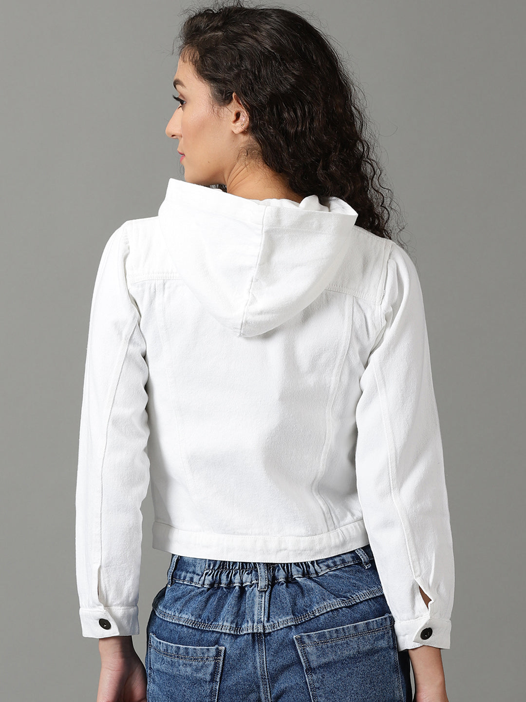 Women's White Solid Denim Jacket