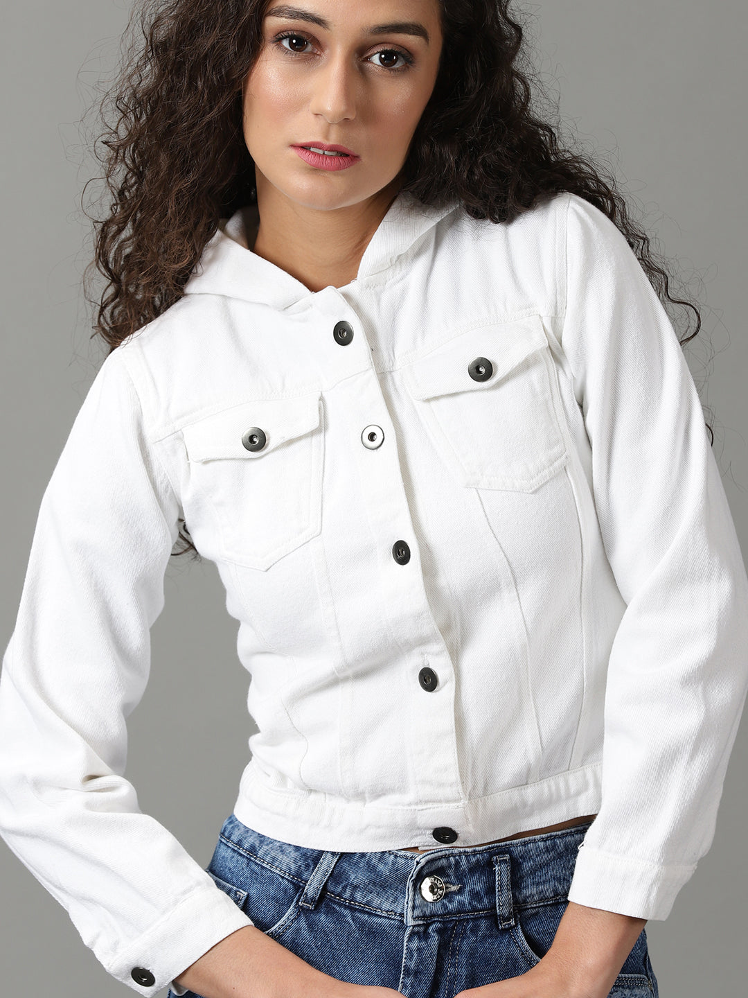 Women's White Solid Denim Jacket