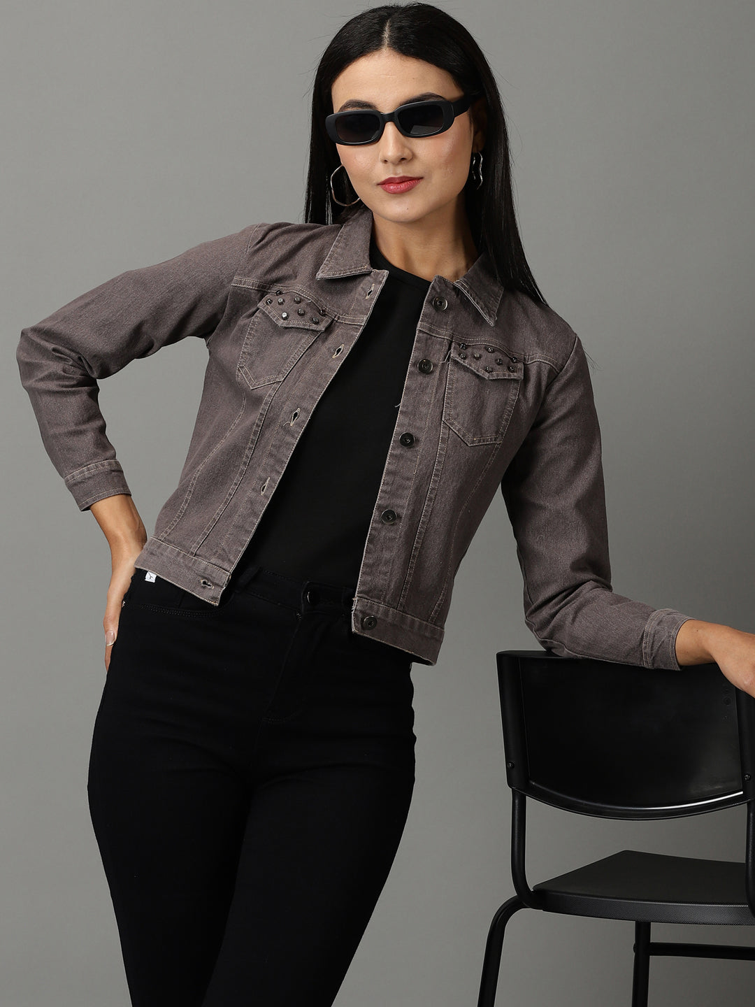 Women's Grey Solid Denim Jacket