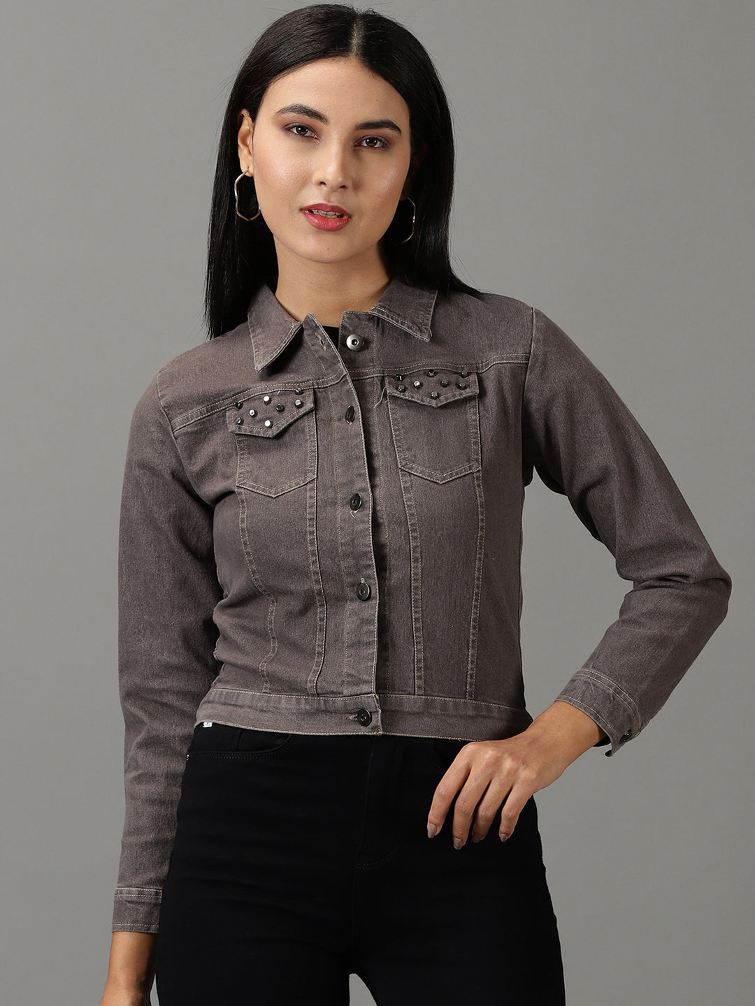 Women's Grey Solid Denim Jacket