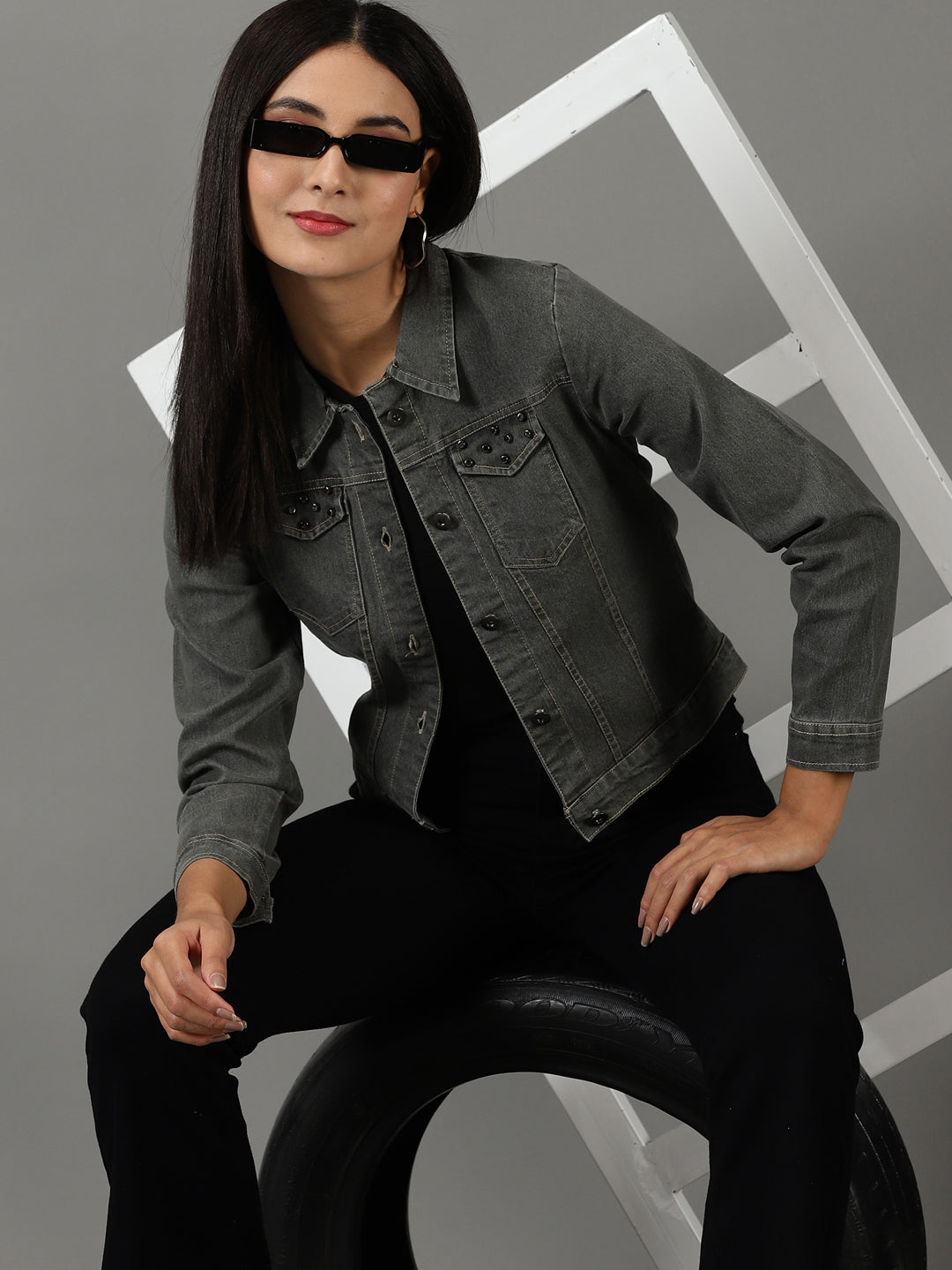 Women's Grey Solid Denim Jacket