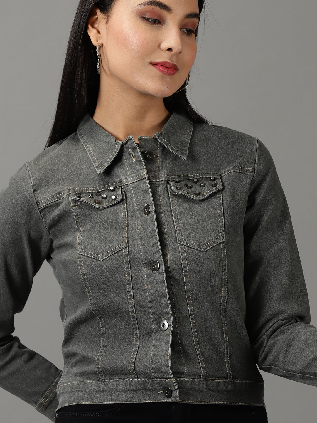 Women's Grey Solid Denim Jacket