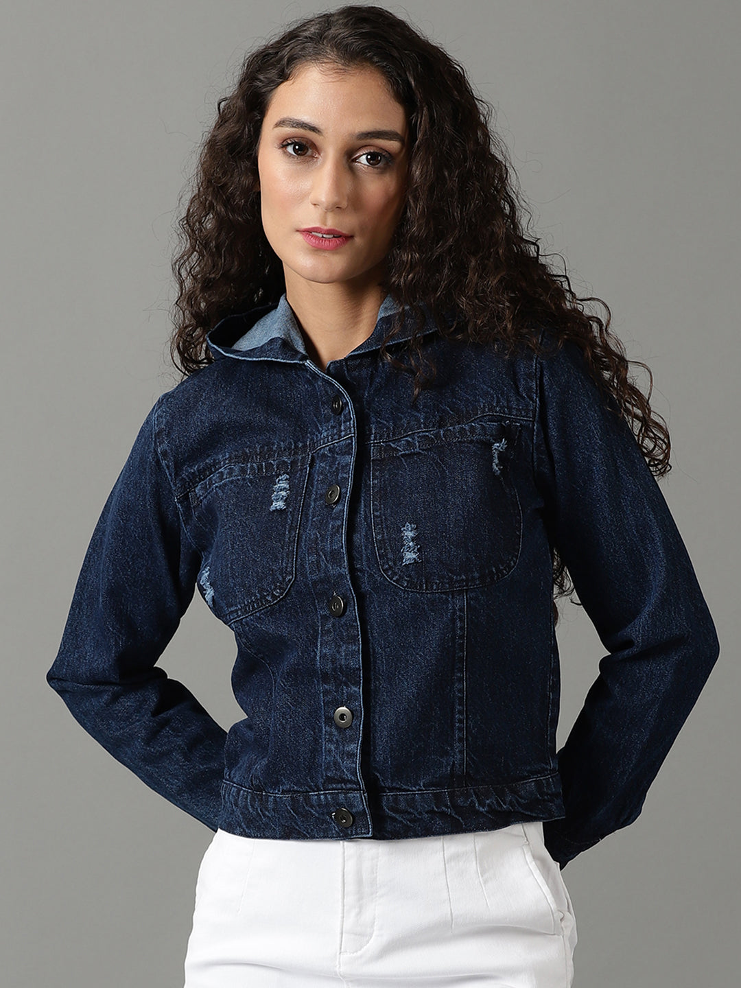 Women's Navy Blue Solid Denim Jacket