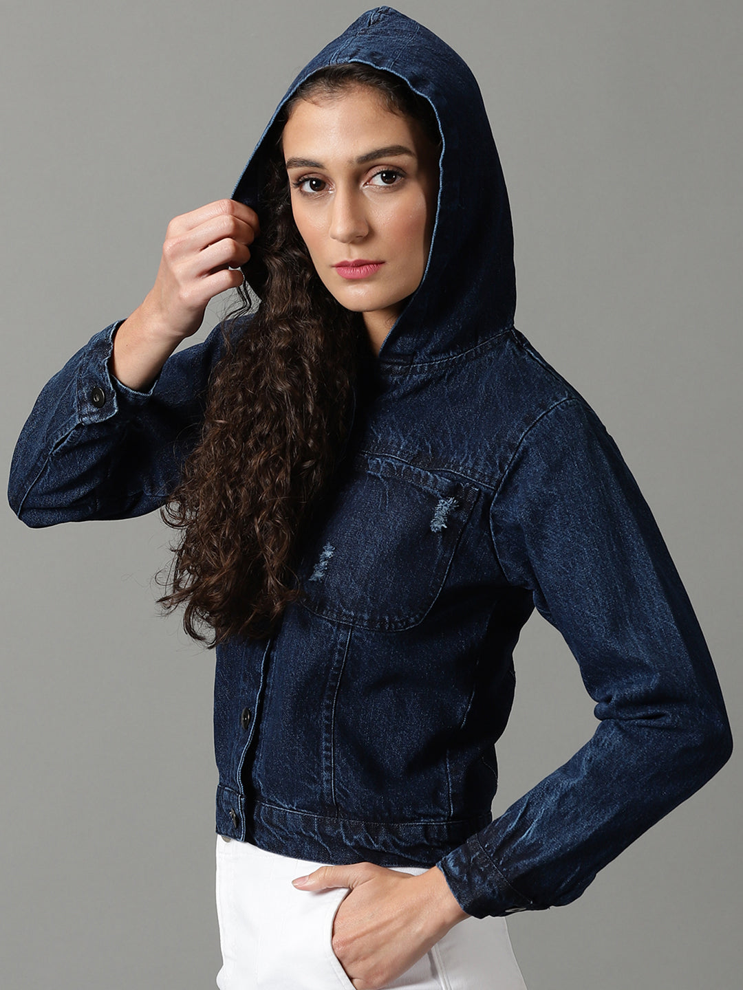 Women's Navy Blue Solid Denim Jacket