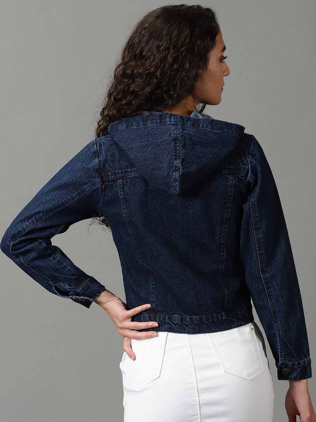 Women's Navy Blue Solid Denim Jacket