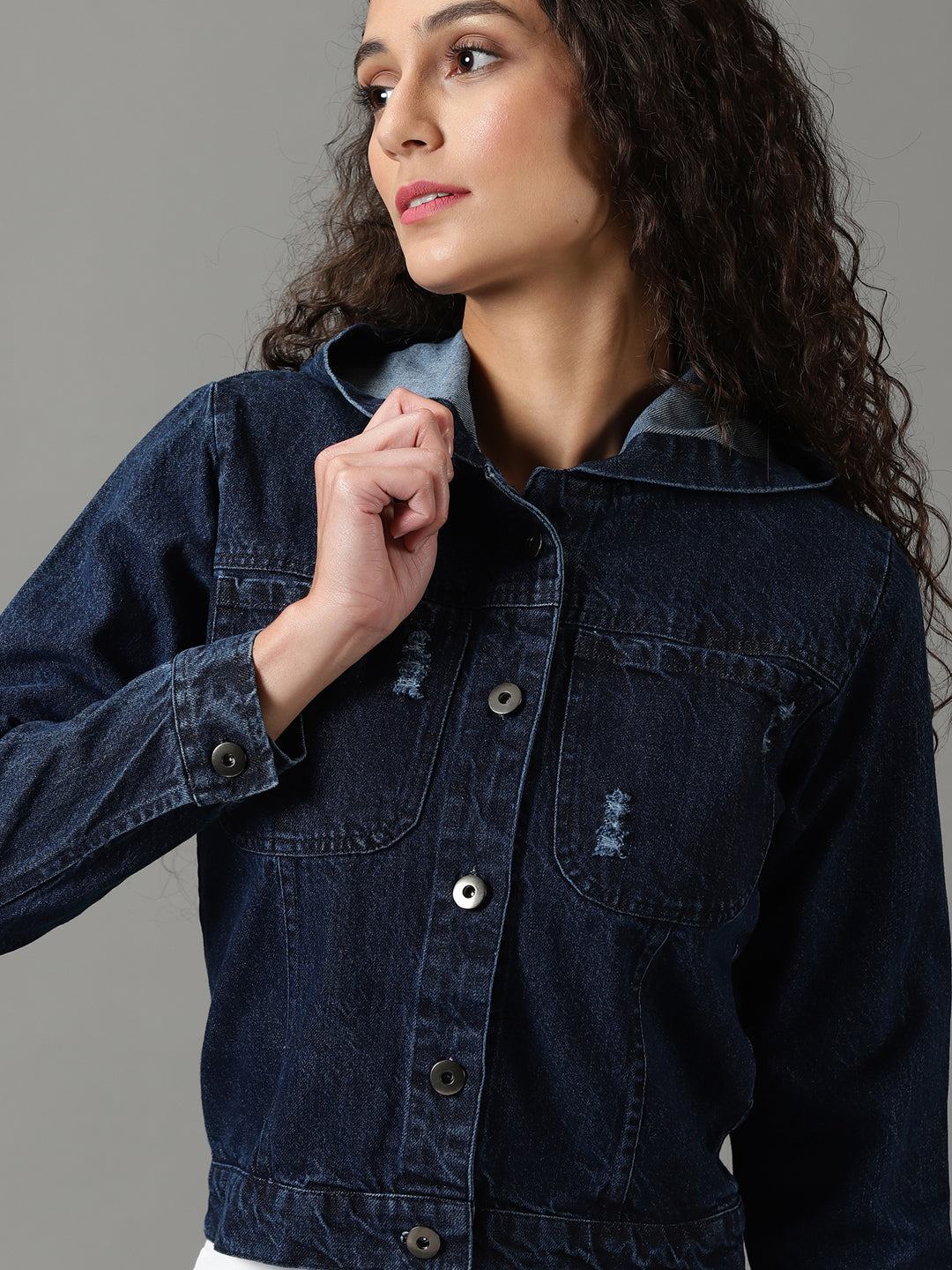 Women's Navy Blue Solid Denim Jacket