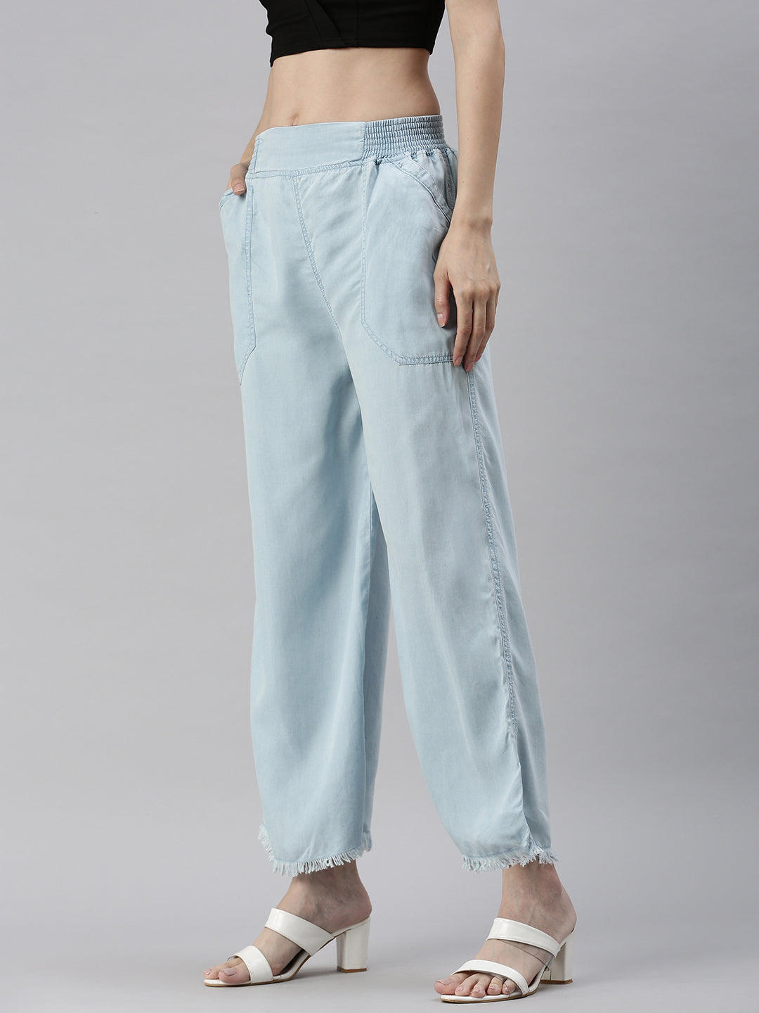 Women's Blue Solid Parallel Trouser