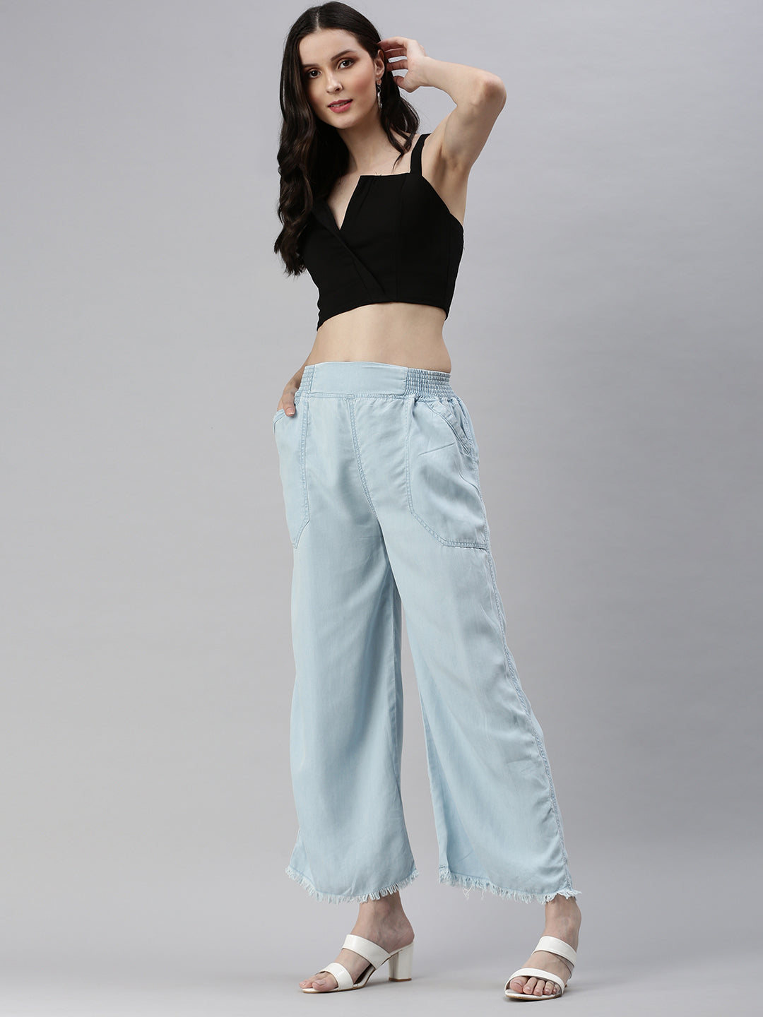 Women's Blue Solid Parallel Trouser