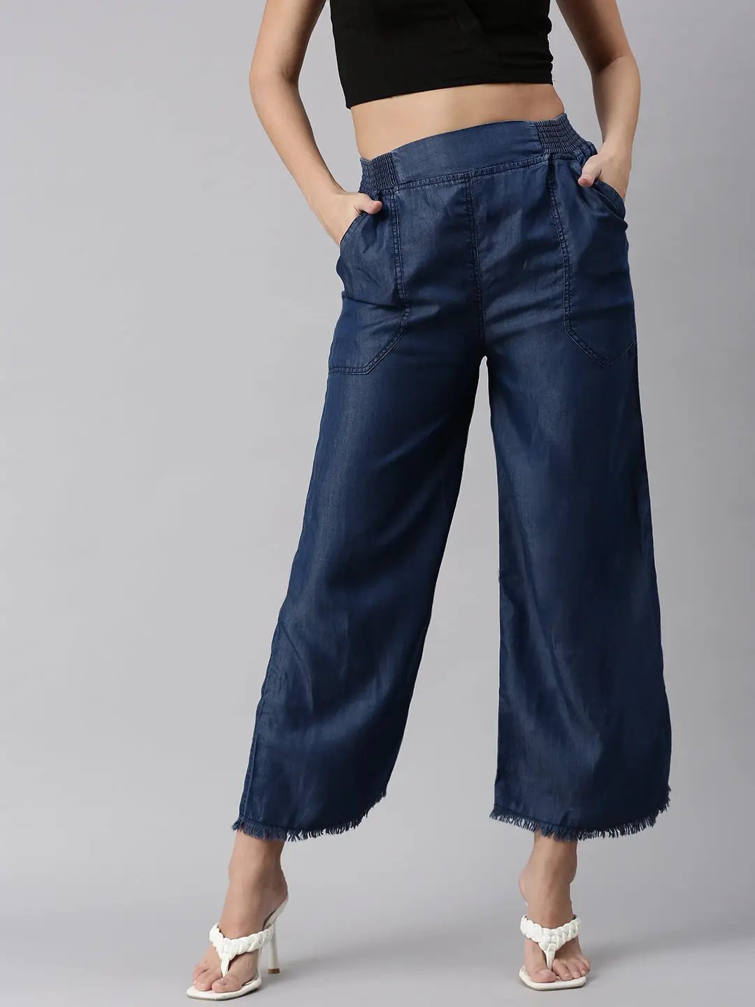 Women's Navy Blue Solid Parallel Trouser