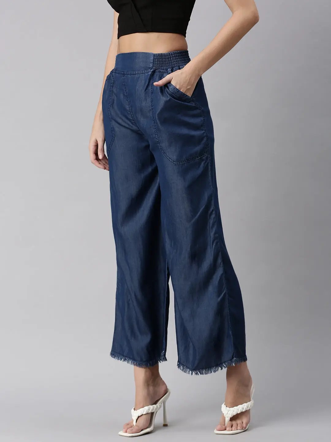 Women's Navy Blue Solid Parallel Trouser