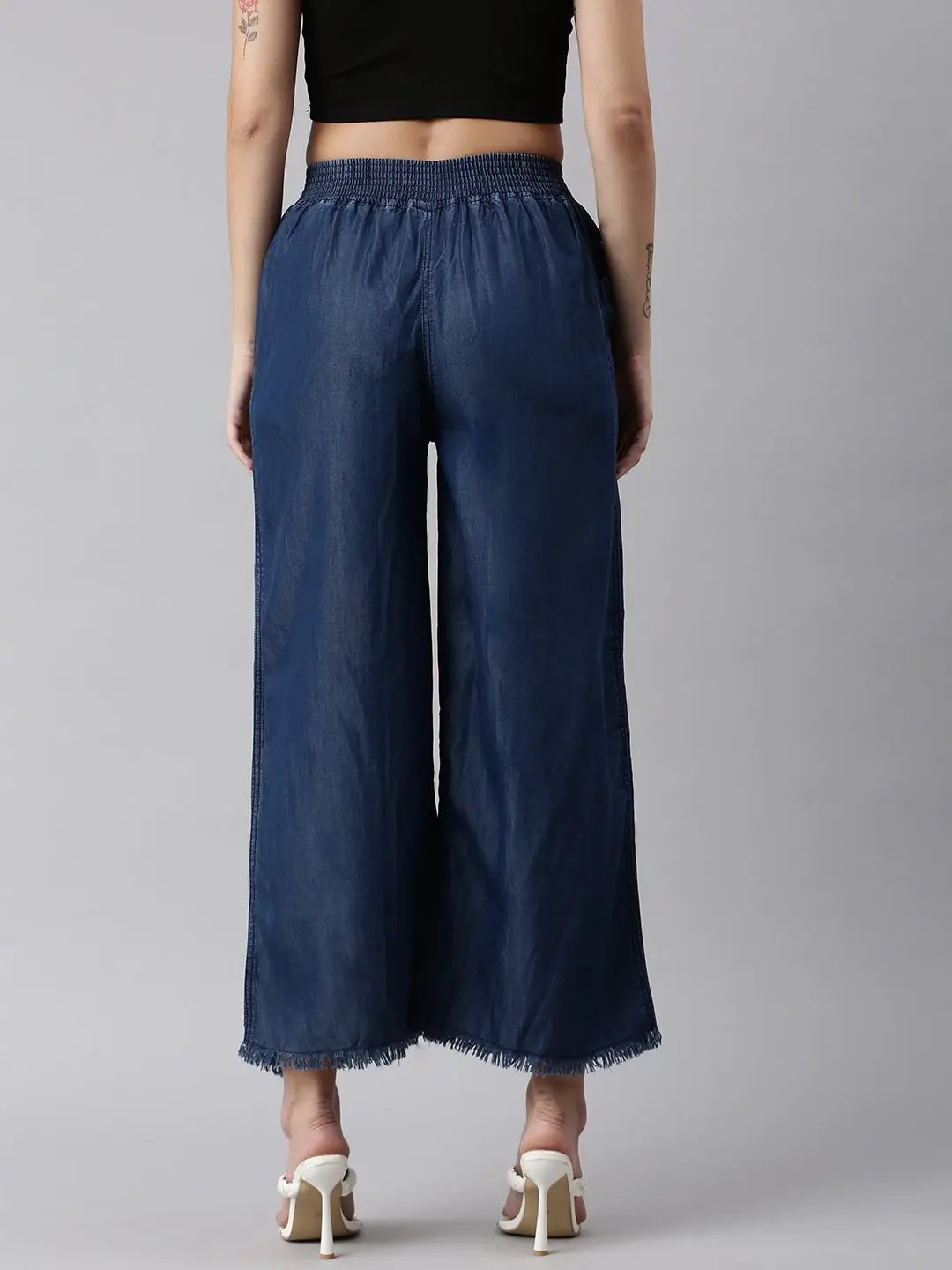 Women's Navy Blue Solid Parallel Trouser