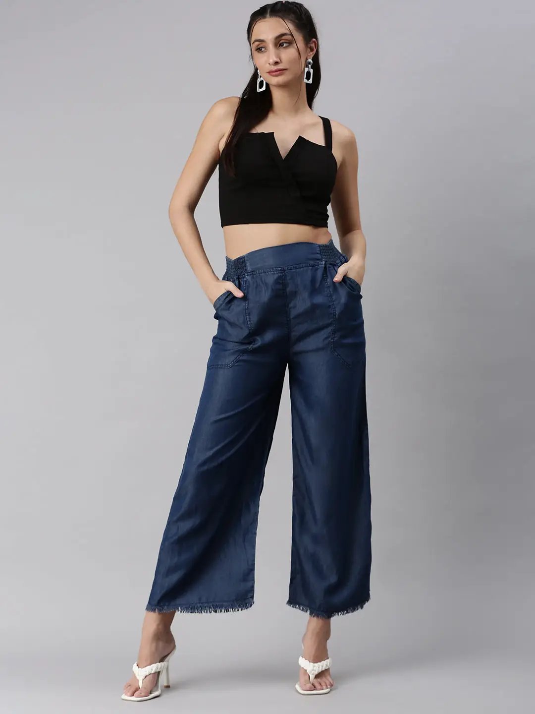 Women's Navy Blue Solid Parallel Trouser