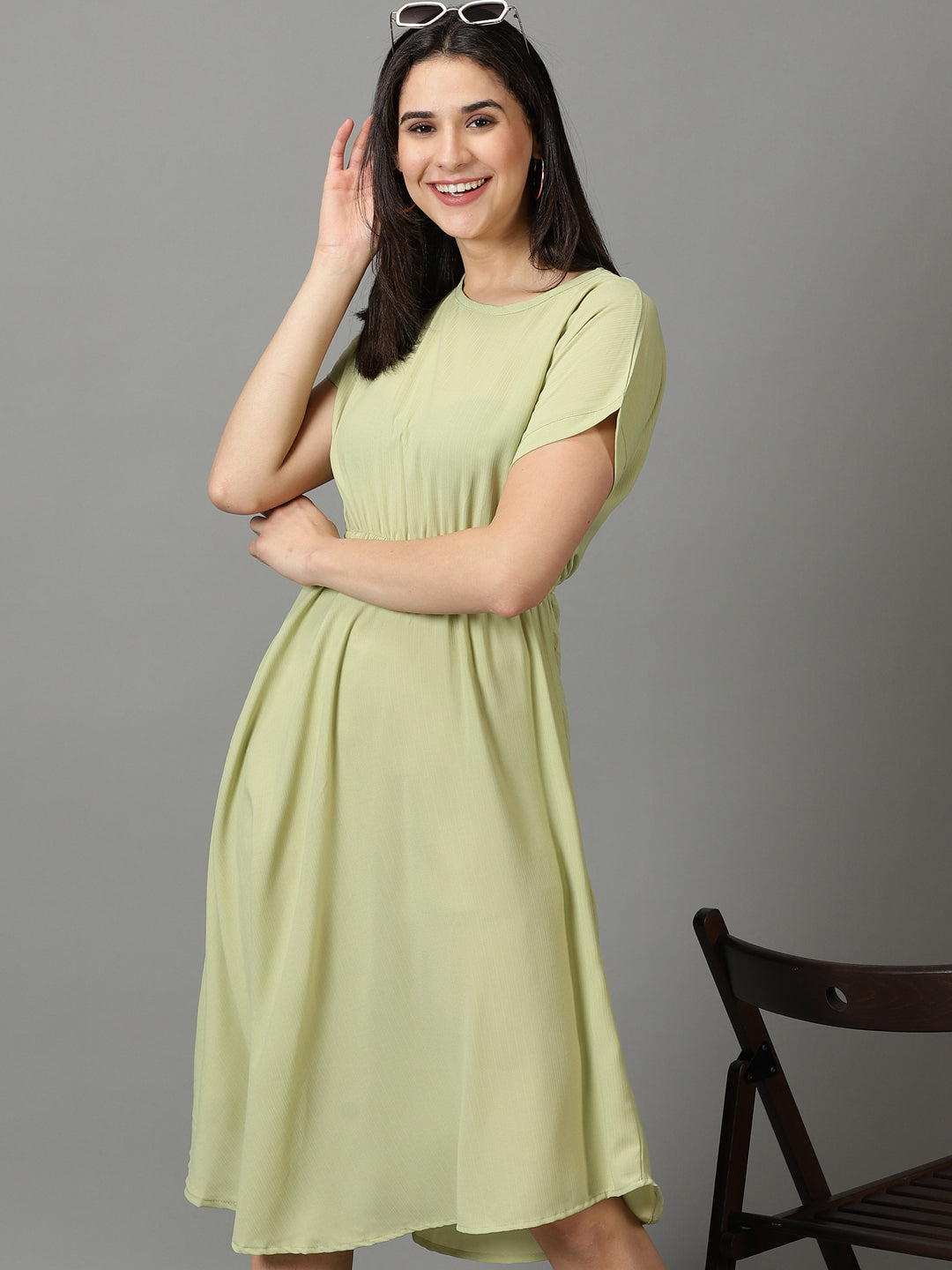 Women's Green Solid Fit and Flare Dress