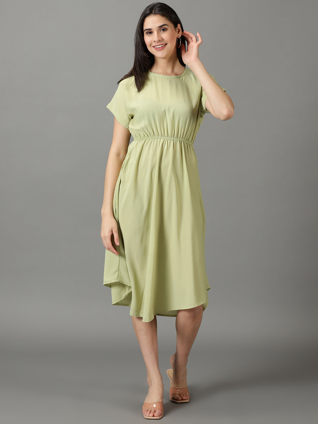 Women's Green Solid Fit and Flare Dress