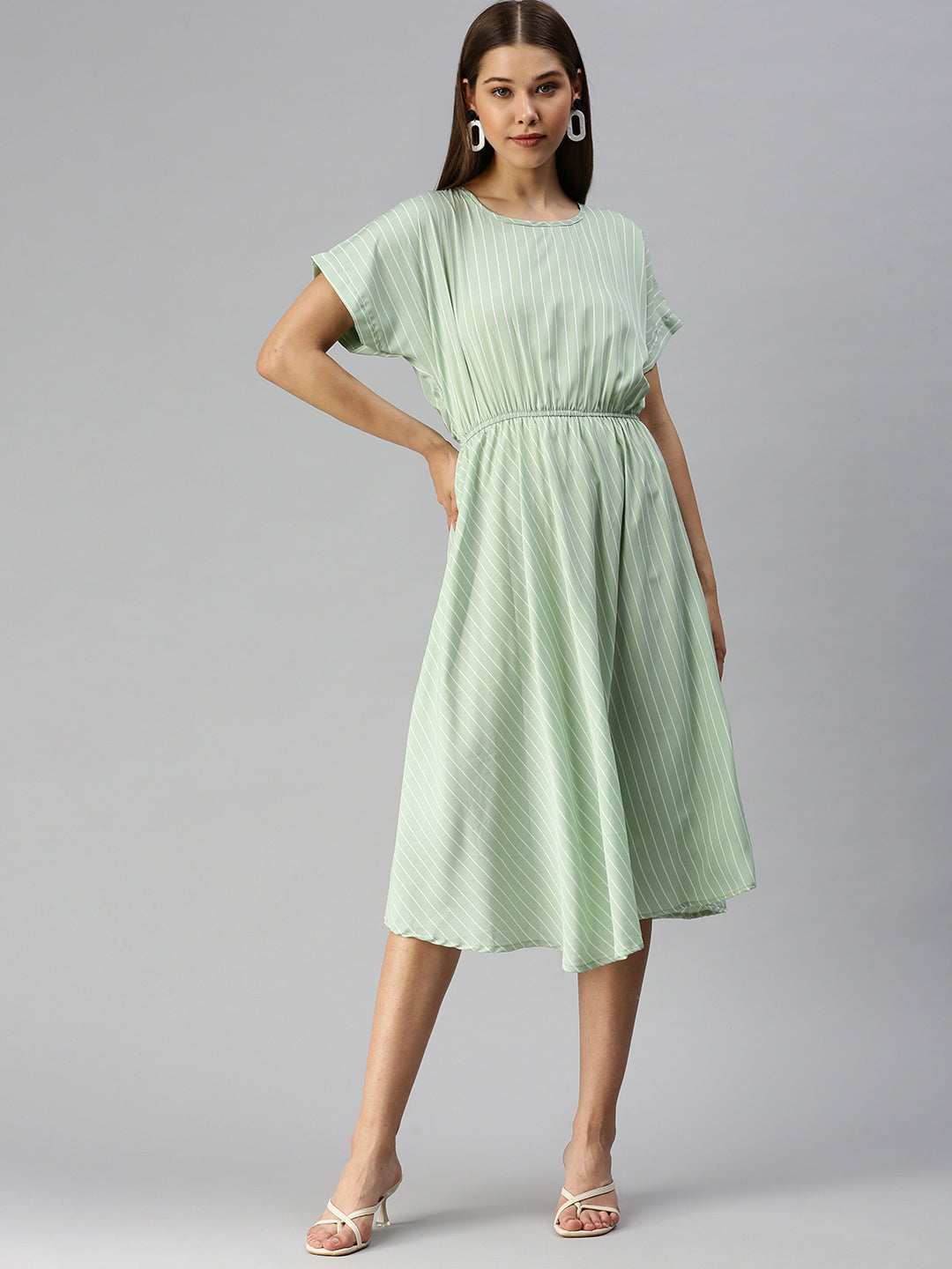 Women's Green Striped Fit and Flare Dress