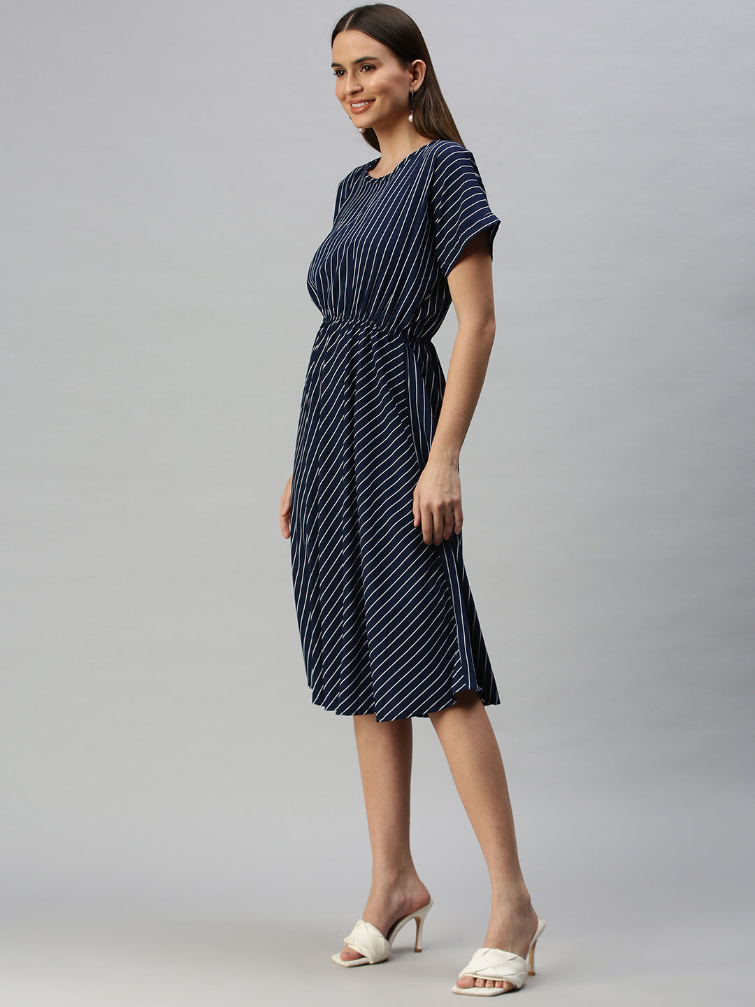 Women Navy Blue Striped A-Line Dress