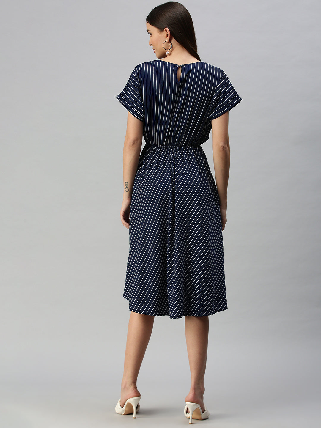 Women Navy Blue Striped A-Line Dress