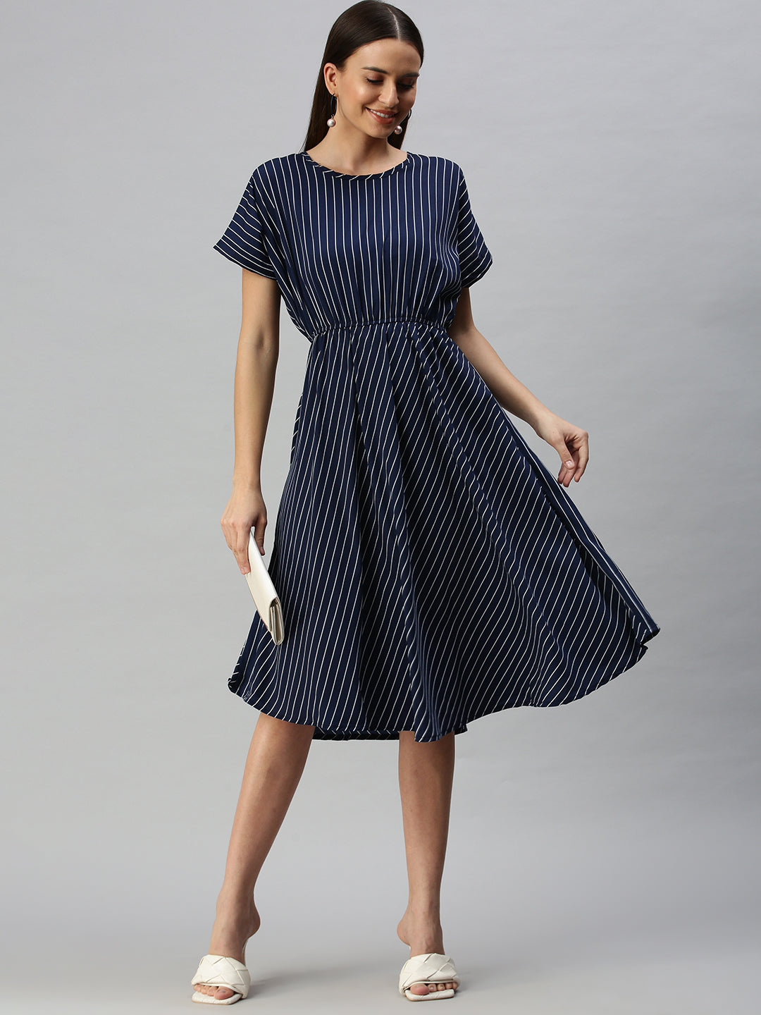 Women Navy Blue Striped A-Line Dress