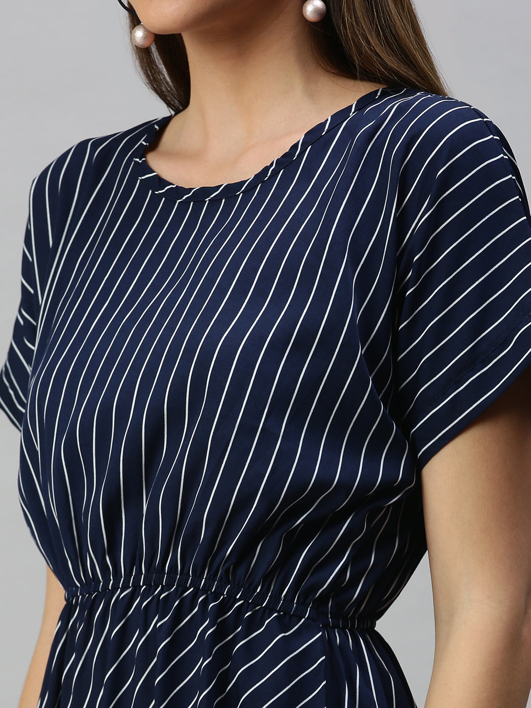 Women Navy Blue Striped A-Line Dress