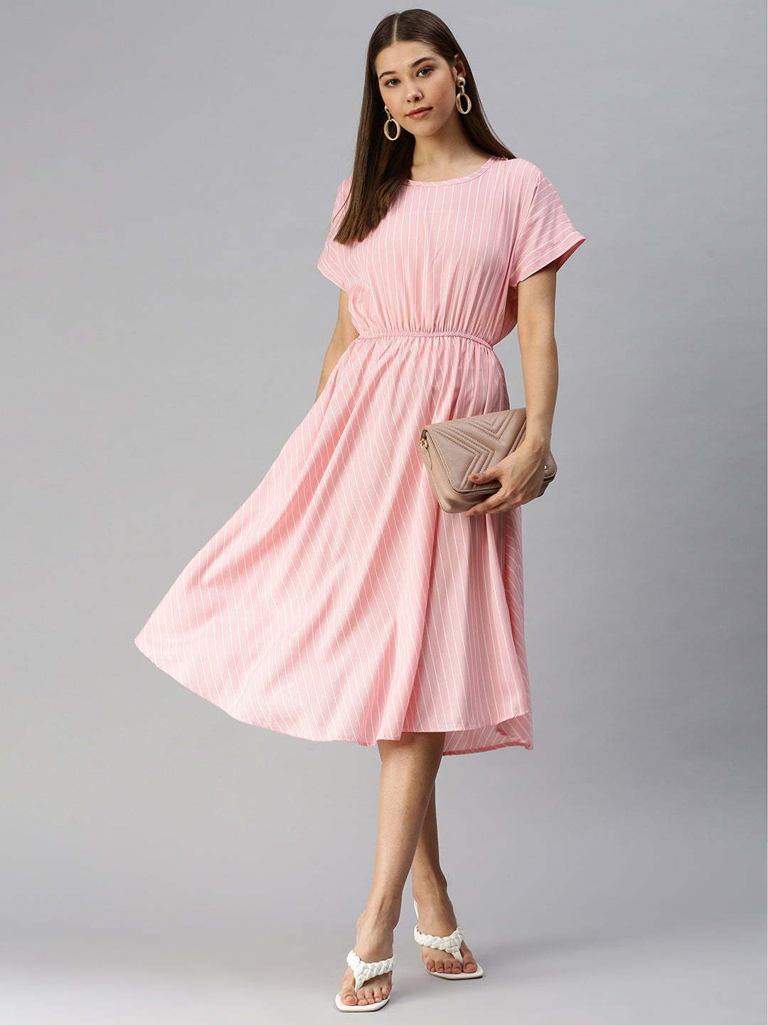 Women Peach Striped A-Line Dress