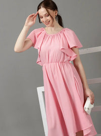 Women's Pink Flutter Sleeves Gathered Fit & Flare Midi Dress