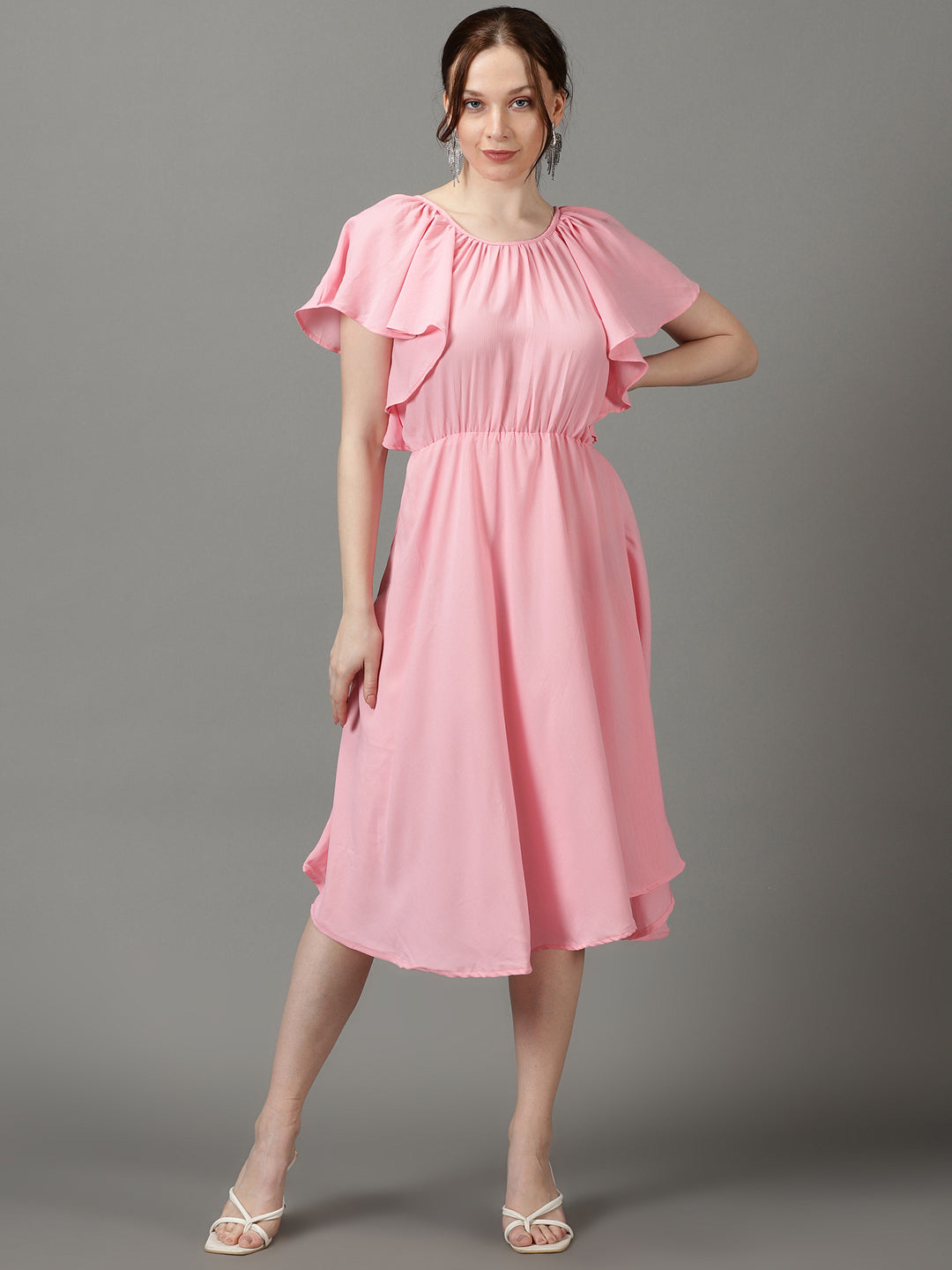 Women's Pink Solid Fit and Flare Dress