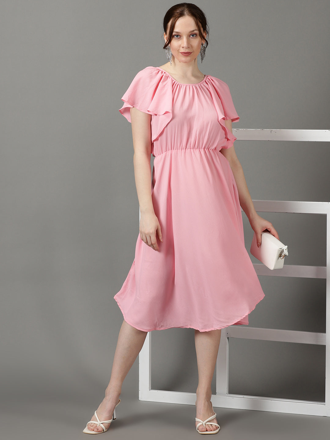 Women's Pink Solid Fit and Flare Dress