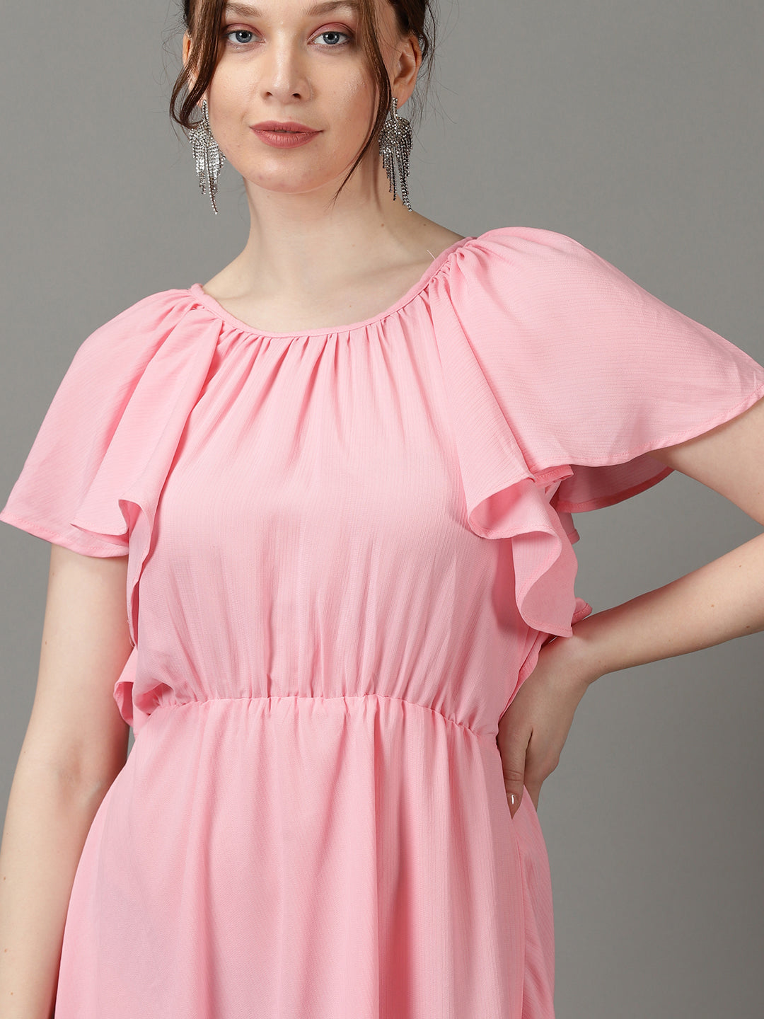 Women's Pink Solid Fit and Flare Dress