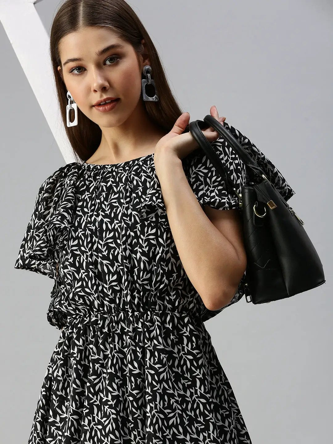 Women's Black Self Design A-Line Dress