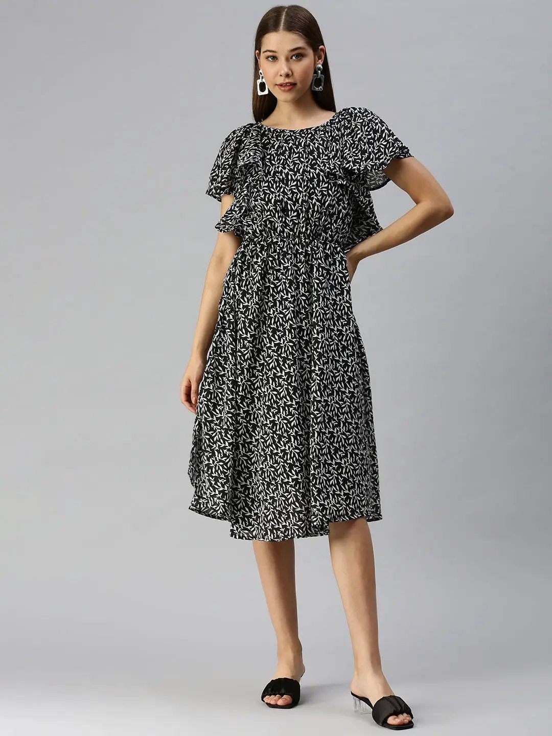 Women's Black Self Design A-Line Dress