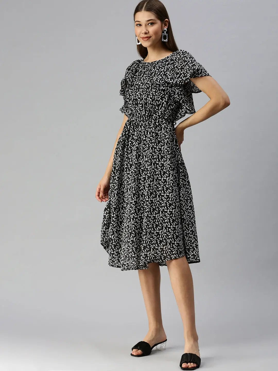 Women's Black Self Design A-Line Dress