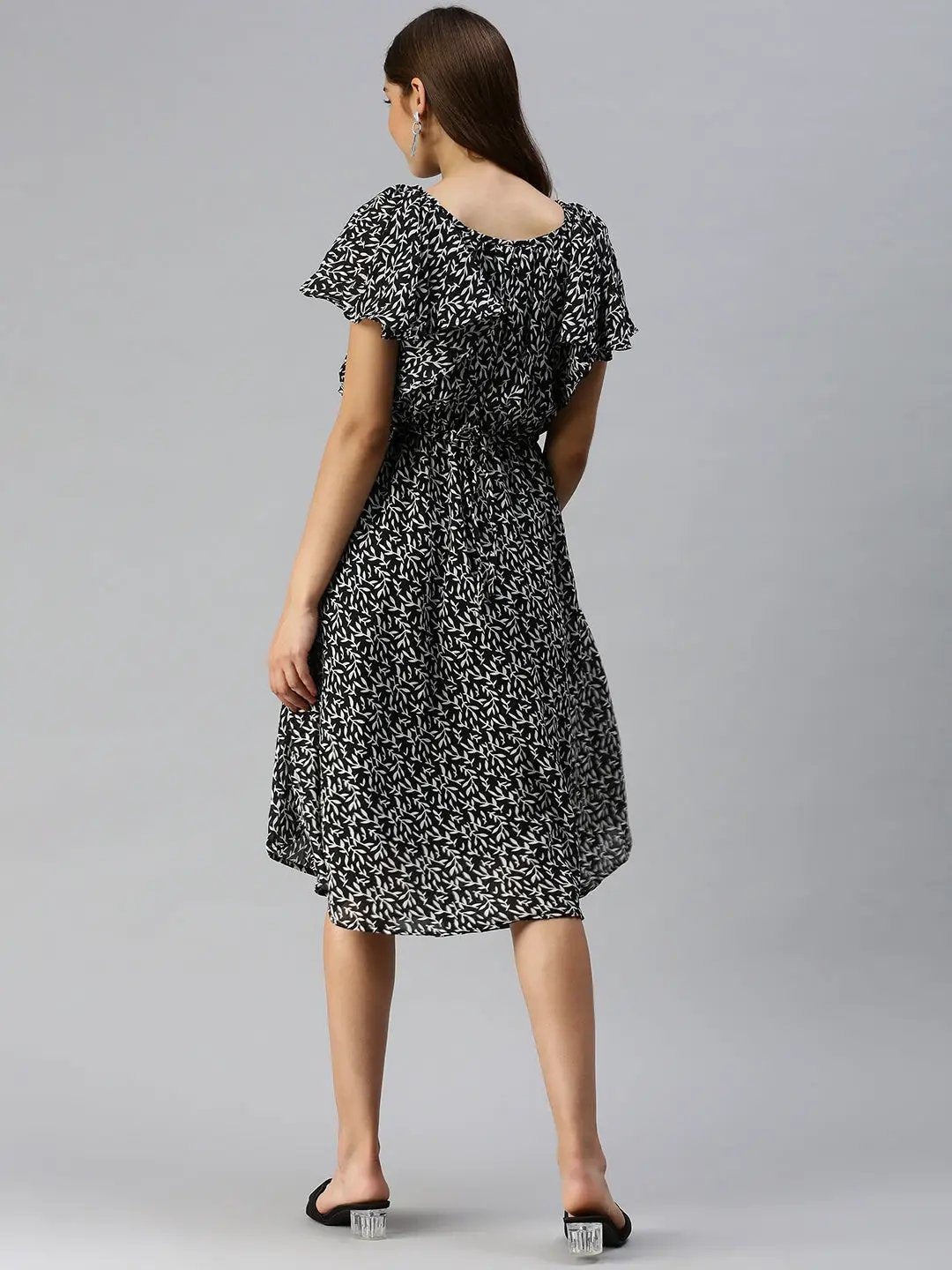 Women's Black Self Design A-Line Dress
