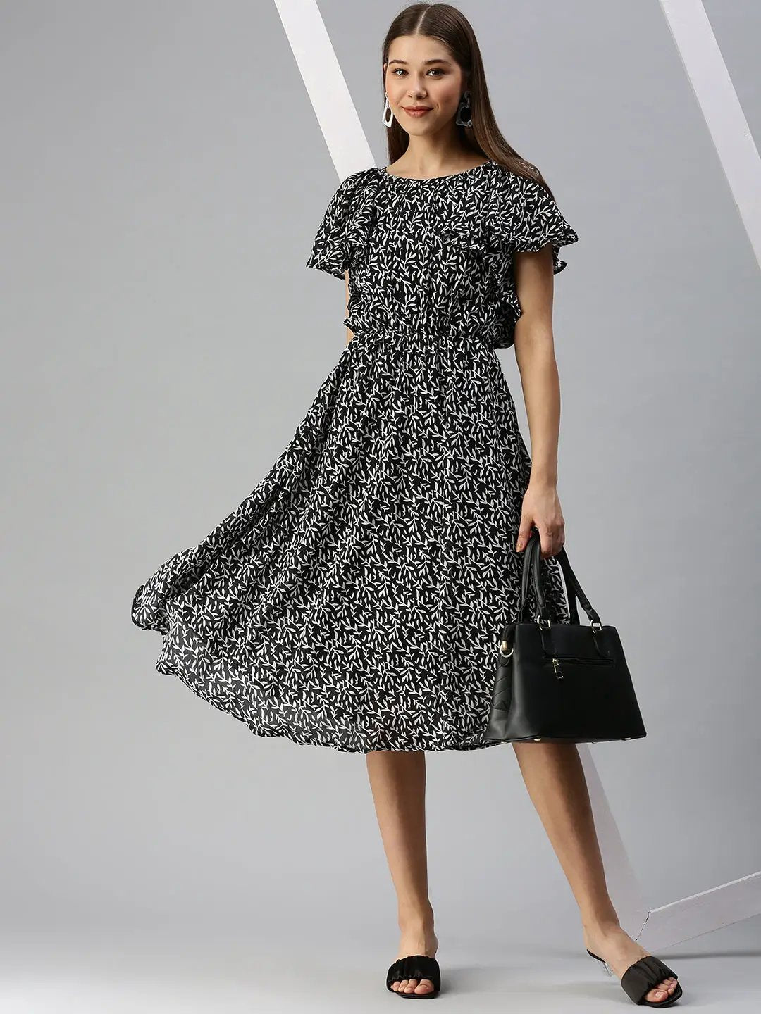 Women's Black Self Design A-Line Dress