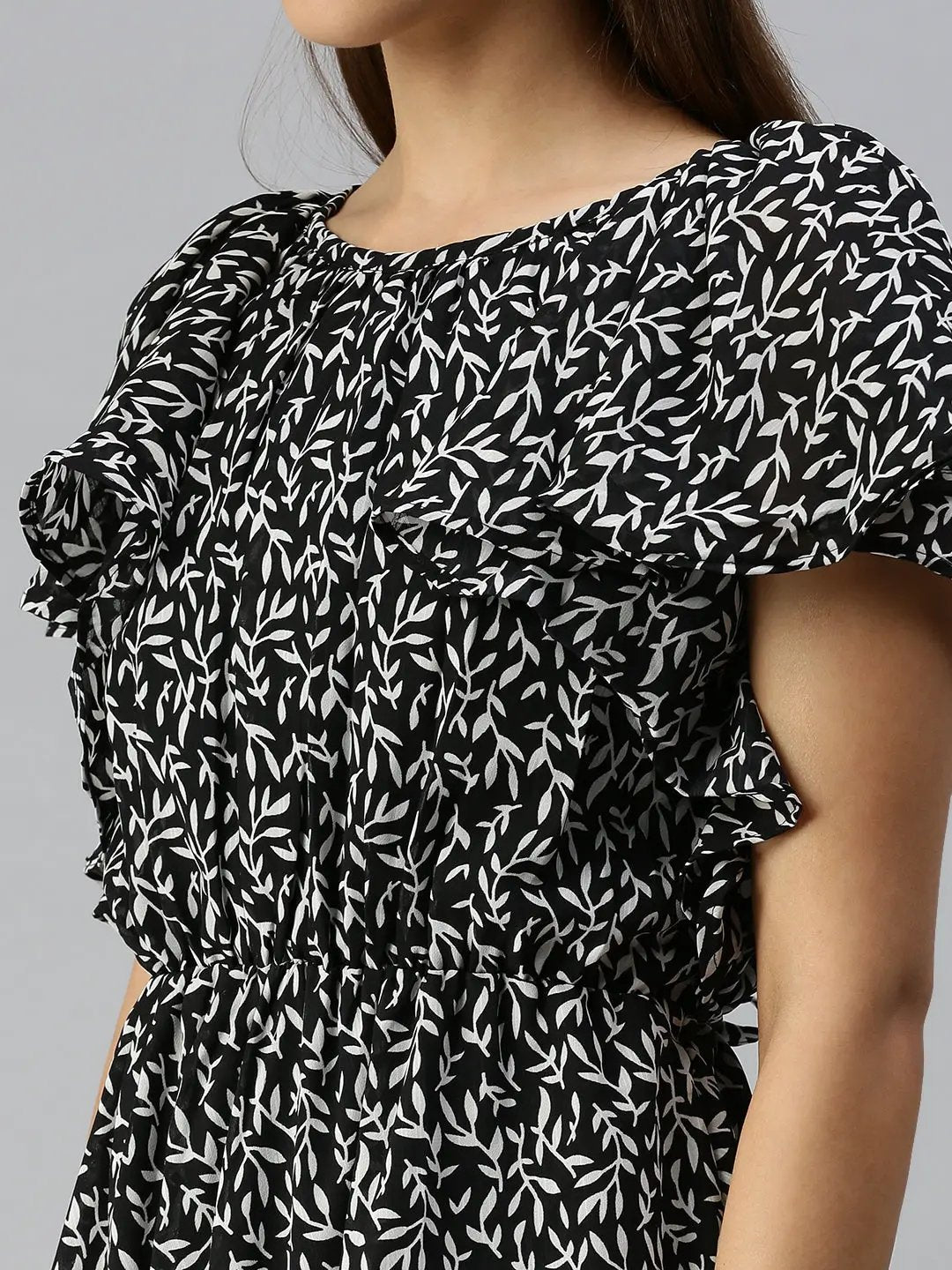 Women's Black Self Design A-Line Dress