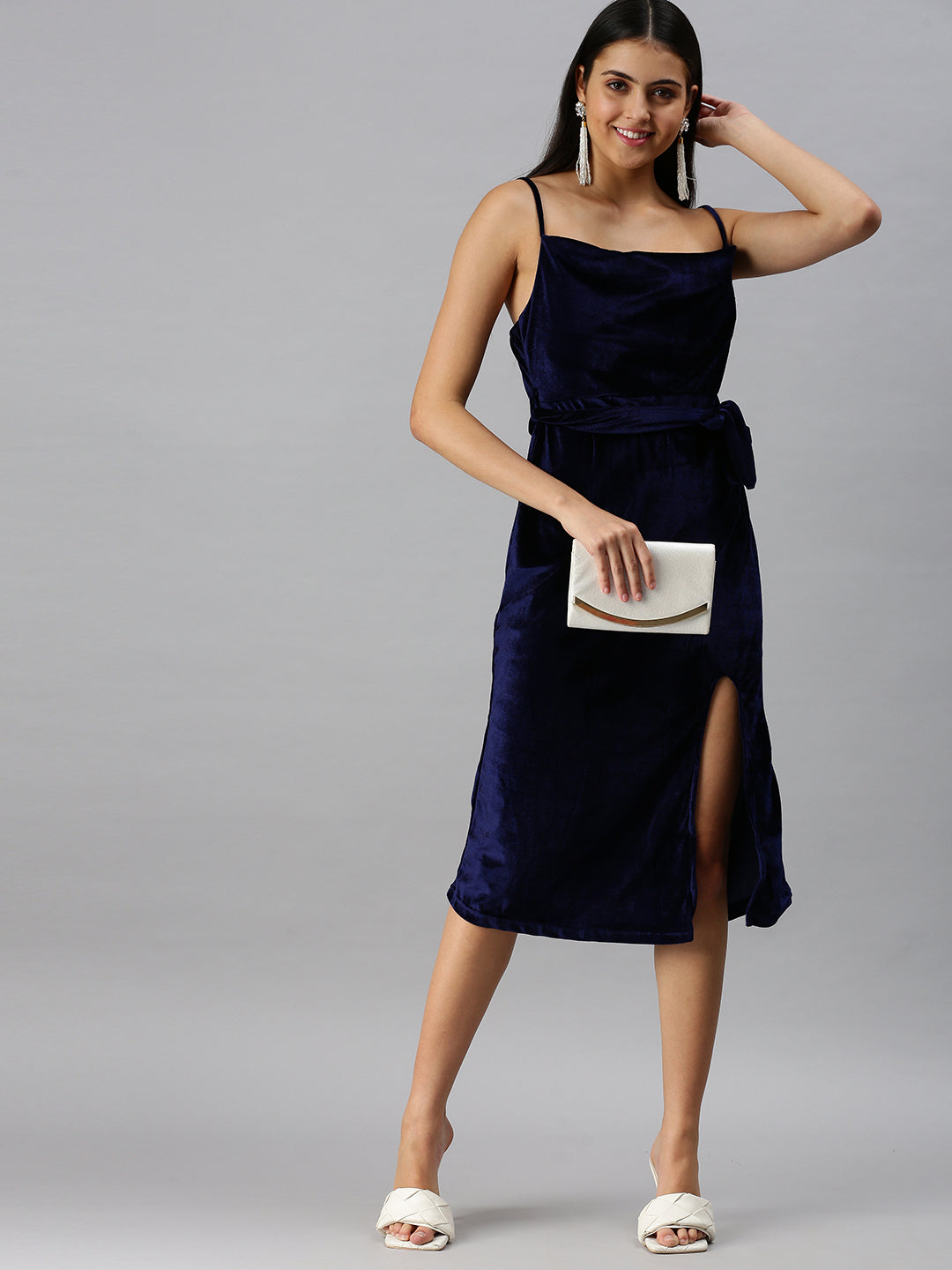 Women's A-Line Cowl Navy Blue Solid Dress