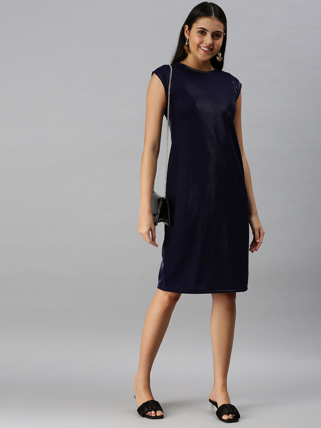 Women Navy Blue Solid A-Line Dress