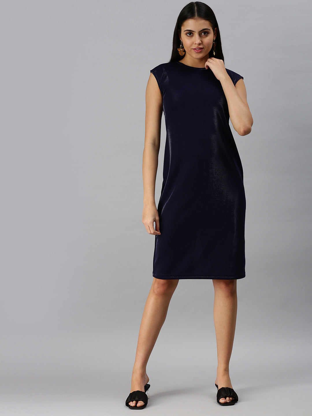 Women Navy Blue Solid A-Line Dress