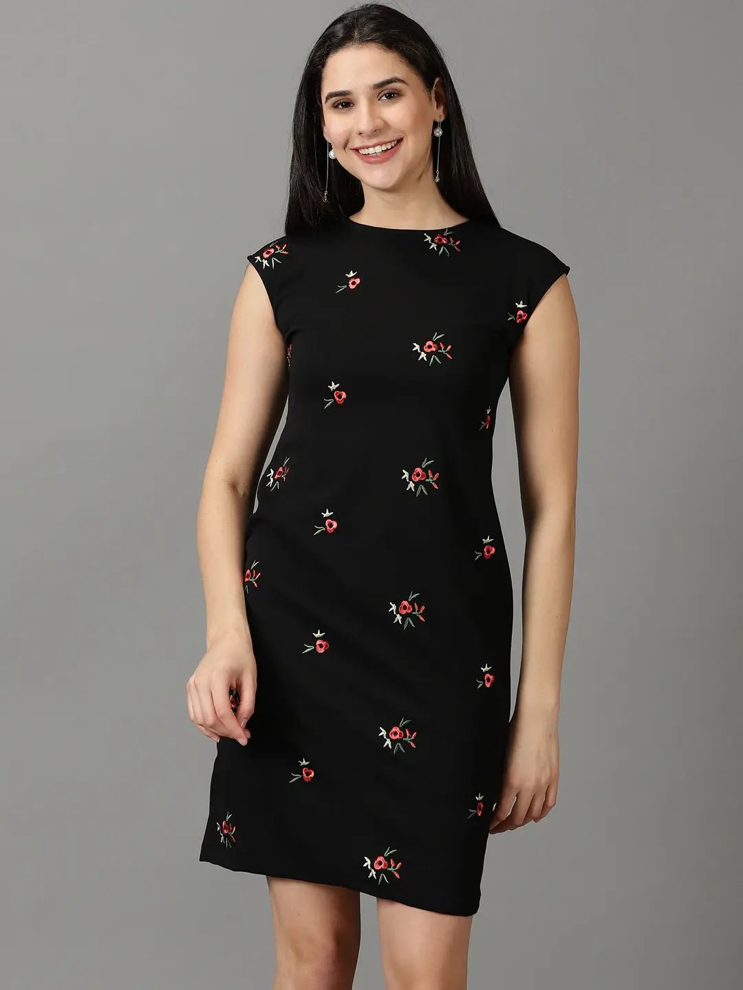 Women's Black Floral Embroidered Cap Sleeves Bodycon Dress