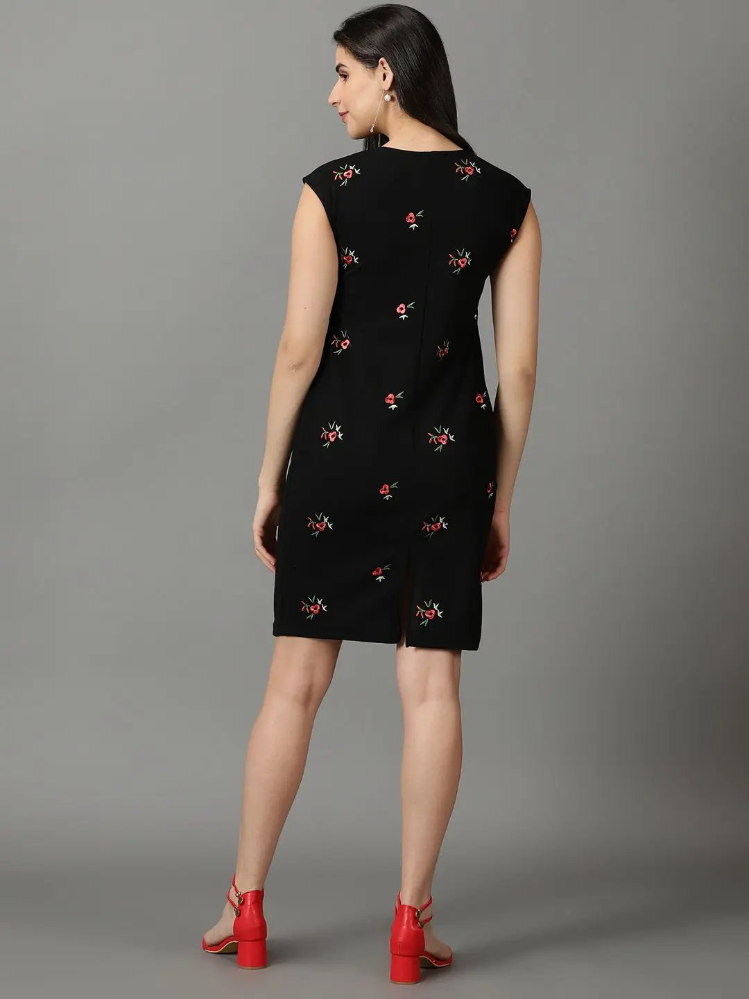 Women's Black Floral Embroidered Cap Sleeves Bodycon Dress