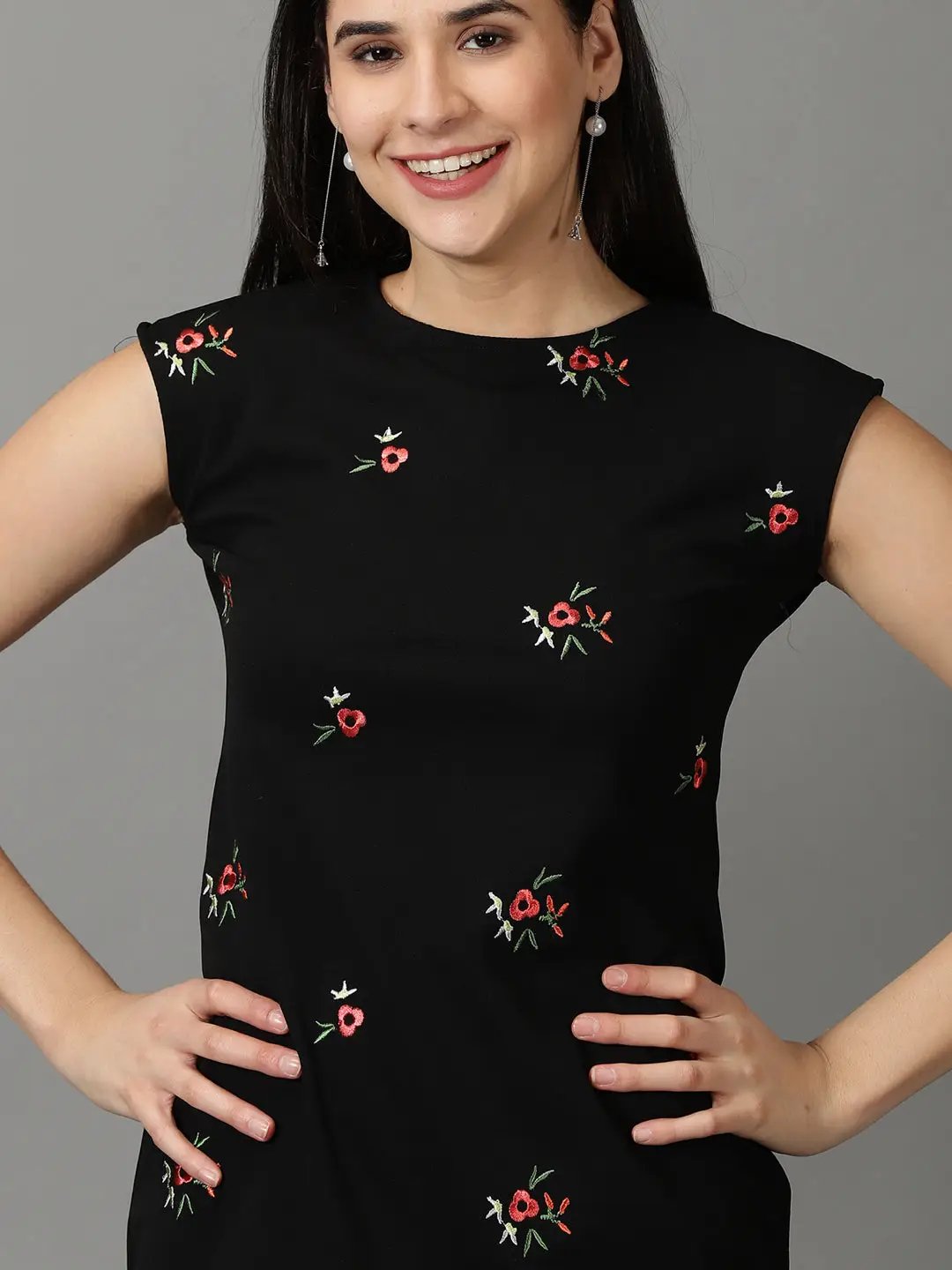 Women's Black Floral Embroidered Cap Sleeves Bodycon Dress